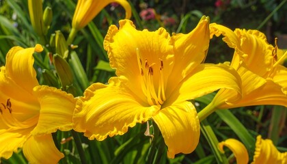 Obraz premium Close-up of vibrant yellow daylily blossoms in full bloom, showcasing intricate details. Green leaves and buds frame the flowers