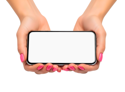 Woman s hands holding a smartphone with a blank white screen isolated on transparent background