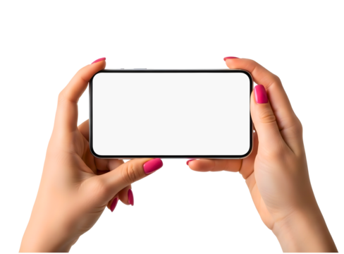 Woman s hands holding a smartphone horizontally with a blank screen isolated on transparent background - Powered by Adobe