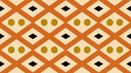 A seamless, repeating pattern featuring a diamond lattice in orange and cream, with black squares and gold ovals as accents