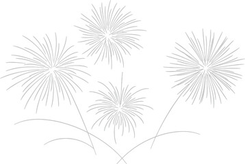 Four fireworks explode in a simple black and white design
