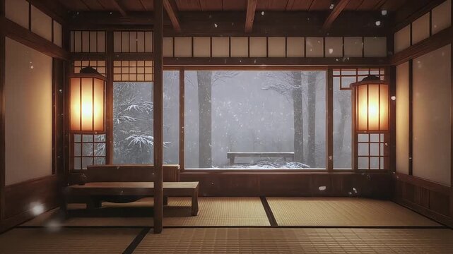 Japanese Interior Design with Traditional Tatami Mats and Lanterns. Virtual backgrounds loop animation for stream overlay, meditation, smooth jazz or white noise video. Cozy lo-fi background.