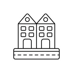 Two houses with arched doorways and rectangular windows atop a road The roofs are triangular with circles at the peak