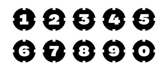 Number points from 0 to 9. Number points. Number markers, steps. Set of black number vectors.