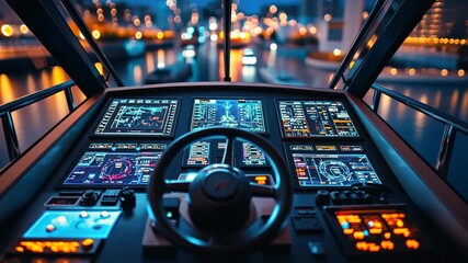 Interior shot of a vessel's dashboard with many digital screens, at dusk near a city - Powered by Adobe