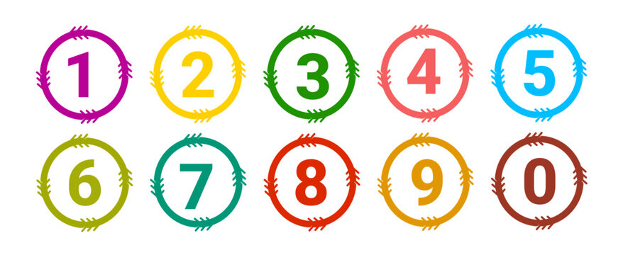 Bullet points numbers from 0 to 9. Number markers, tag icons, steps. Set of colorful number vectors with circle-shaped designs.