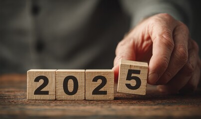 Hand setting wooden blocks to display the year 2025.
