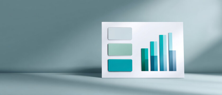 A white card with a bar chart and four colored rectangles on it, sitting in front of a blue background