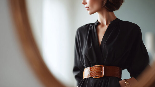 Elegant woman in a stylish black dress with a wide, patterned belt. Ideal for fashion, beauty, lifestyle, or business concepts. Captures sophistication and grace.