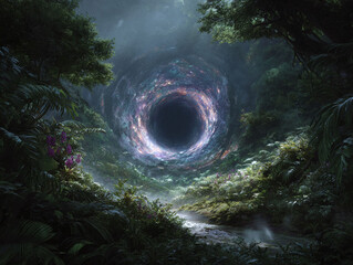 Fototapeta premium Mysterious portal in a lush forest. Evokes fantasy, escape, and the unknown. Perfect for book covers, creative projects, or imaginative concepts.