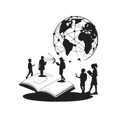 Children silhouettes reading on an open book with a globe network above vector