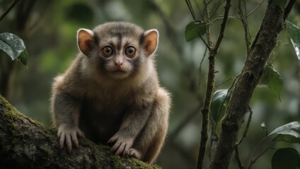 Cute lemur with big eyes sitting on a tree branch in a lush green forest.