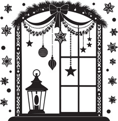 Christmas Window Silhouette with Ornaments and Lantern Keywords: Christmas, window, silhouette, ornaments, stars, snowflakes, lantern, garland, bow, festive, decoration, holiday, winter