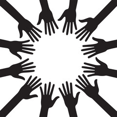 Circle of black silhouette hands reaching towards the center unity teamwork