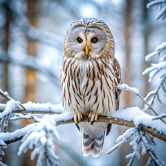 Owl perched on a branch in winter forest covered with snow