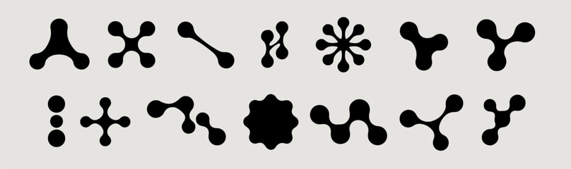 Vector illustration shows a modern, abstract icons in a bold black and white palette. The design features interconnected metaball shapes and circles, creating a dynamic and organic visual effect.