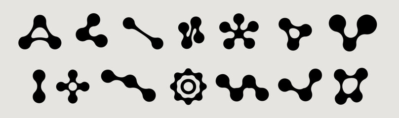 Metaball black shapes collection with organic connected elements. Minimalist molecular structures in grid pattern. Various node configurations from simple curved forms to complex symmetrical designs.