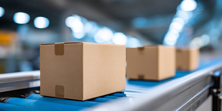 A cardboard box is on a conveyor belt in an automated warehouse system, with more boxes behind it and bright lights above