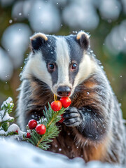 The badger in a snowy winter try to eat rosehip