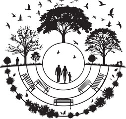 Circular illustration of a family walking in a park with trees, benches, and birds Keywords: family, park, circular, illustration, trees, silhouette, benches, birds, walking, people, outdoor