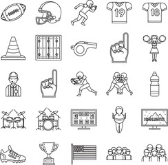 Collection of American Football Icons and Illustrations Featuring Balls Helmets Players Field Uniforms and Trophies for Sports Design