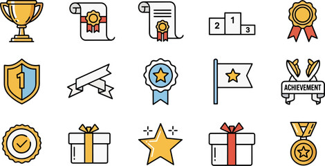 Collection of Award and Achievement Icons Including Trophy, Podium, Medals, Ribbons, Certificate and Gift Box Symbols