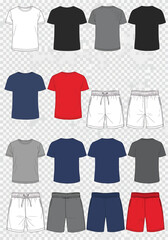 Collection of basic t-shirts and shorts in various solid colors, front and back views, vector flat sketches for fashion design