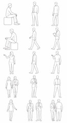 Collection of black and white line art illustrations of people in various poses and activities, men and women standing, sitting, and walking
