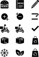 Collection of black icons representing food, delivery, shopping, and nature elements on a white background