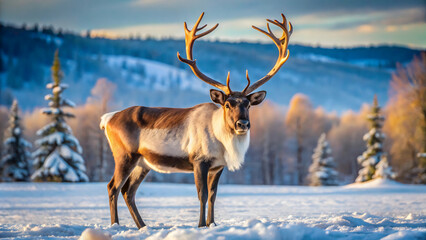 The reindeer standing in the snow