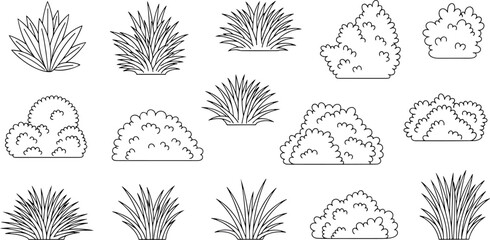 Collection of Black and White Outline Illustrations of Various Types of Bushes and Grass Plants Isolated on White Background Vector Graphics