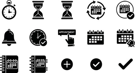 Collection of black icons representing time management, scheduling, and appointments with calendar, clock, hourglass, stopwatch, and bell symbols for business and planning concepts.