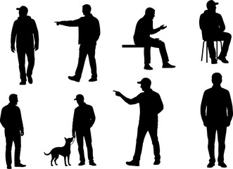 Collection of Black Silhouettes of People and a Dog in Various Poses Standing, Walking, Sitting, and Pointing Isolated on White Background