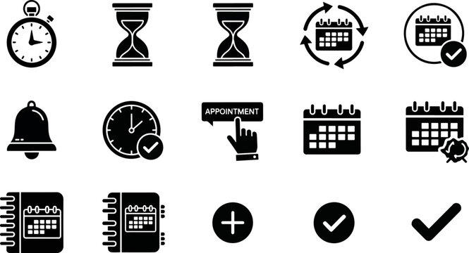 Collection of black icons representing time management, scheduling, and appointments with calendar, clock, hourglass, stopwatch, and bell symbols for business and planning concepts.