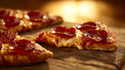 hunger. Delicious pepperoni pizza with melted mozzarella cheese on a rustic wooden surface. representing modern convenience, menu design, designed for food delivery and cloud-kitchen brand materials.