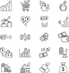 Collection of Business and Finance Icons with Financial Growth, Shopping, Currency, and Investment Symbols on White Background