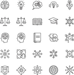 Collection of Brainstorming and Problem Solving Icons, including Brain, Lightbulb, Gears, Scales, Book, Graduation Cap, and Puzzle Pieces.