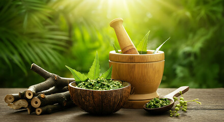 Ayurvedic medicine preparation with mortar and pestle and fresh neem leaves