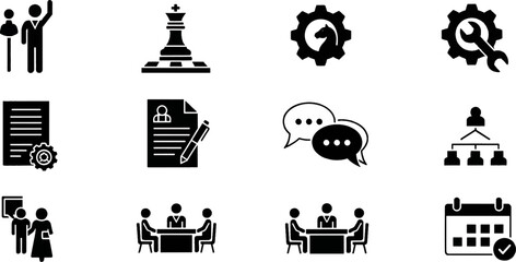 Collection of Business and Management Icons Representing Strategy, Teamwork, Communication, and Organization in Flat Design Style