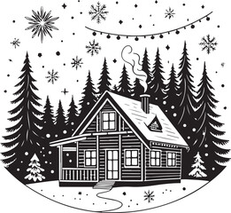 Cozy Winter Cabin in Snowy Forest with Christmas Lights Silhouette Keywords: winter, cabin, house, log cabin, forest, trees, pine trees, snow, snowflakes, christmas, lights, garland, chimney