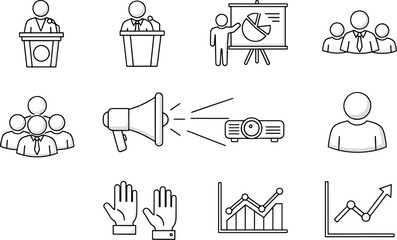 Collection of Business and Presentation Icons Featuring Speakers, Graphs, Teamwork, and Communication Tools