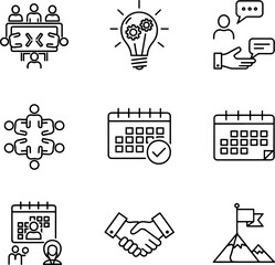 Collection of Business Icons and Symbols depicting teamwork, strategy, planning, idea generation, and successful collaboration for corporate use