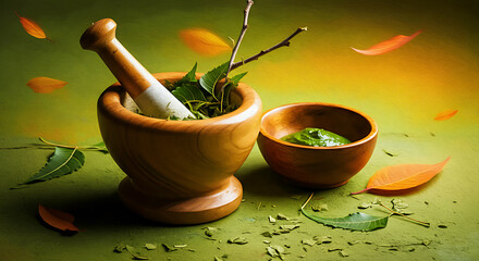 Ayurvedic Medicine Preparation Still Life with Herbs and Wood Mortar