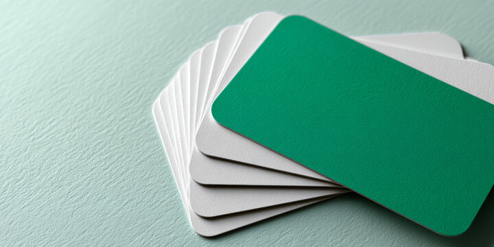 A stack of white and green cards on a mint-green surface - Powered by Adobe