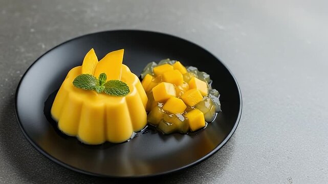 A beautifully arranged gourmet dessert showcasing a vibrant golden mango pudding, elegantly garnished with fresh mint leaves and thin mango slices. Served alongside are glistening clear jelly cubes in