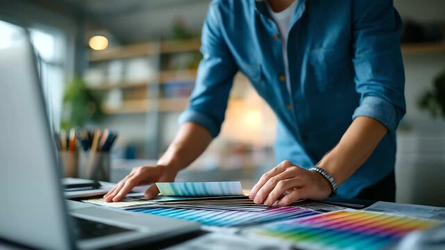 Faceless side angle of a professional placing color swatches beside a laptop brand safe palette strips studio shelving defocused soft top light composition leaves upper third