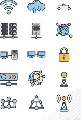 Collection of colorful flat icons representing network technology cloud computing servers data transfer security and global connectivity
