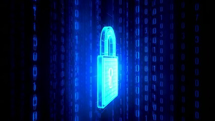 Glowing blue padlock with digital code rain on dark matrix background for cybersecurity - Powered by Adobe
