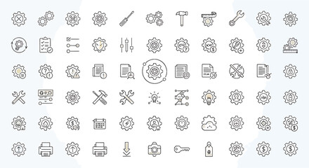 Collection of cogwheel icons, gears, tools, and settings symbols for user interface and web design, representing mechanics and engineering