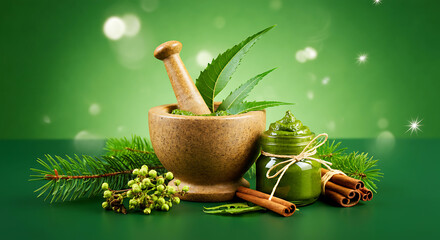 Ayurvedic mortar pestle herbs and natural products on a green background
